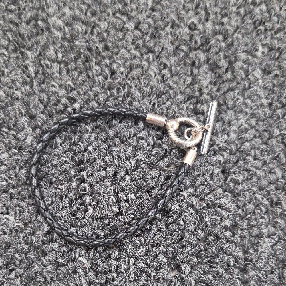 Authentic Pandora Braided Black Leather T-Bar Bracelet